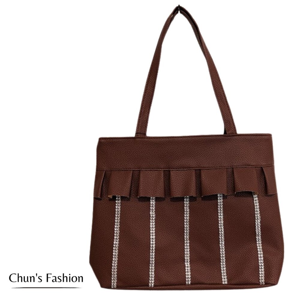 Women's Deep-Brown Faux Leather Tote Shoulder Bag Ruffle & Bling SZ Medium NWT